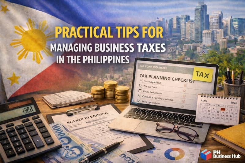 Practical tips for managing business taxes in the Philippines with tax planning checklist, laptop, calculator, and Philippine business setting