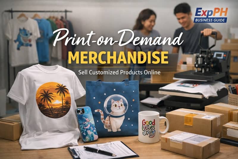 Filipino entrepreneurs producing print-on-demand merchandise such as custom t-shirts, tote bags, mugs, and phone cases using a heat press machine