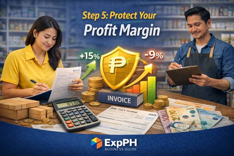 Filipino business owners analyzing profit margin with calculator invoice charts and peso bills in a Philippine retail setting