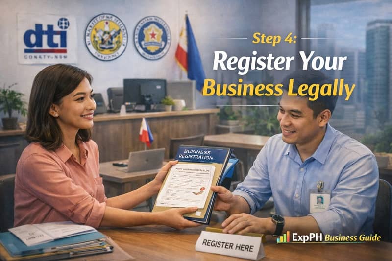 Filipino entrepreneur submitting business registration documents to a government office to legally register a new business in the Philippines
