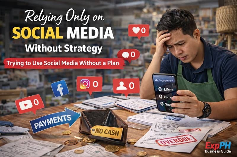 Filipino entrepreneur looking frustrated while checking social media engagement with zero likes and comments on a smartphone.