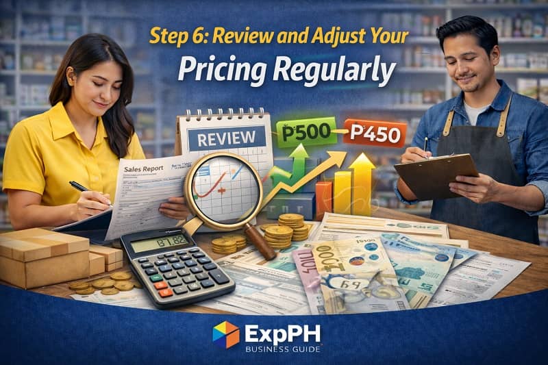 Filipino business owners reviewing pricing reports with calculator peso bills and growth charts in a Philippine retail store