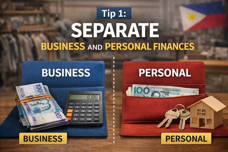 Separate business and personal finances illustration showing Philippine peso bills, calculator, wallet, and ExpPH Business Guide logo
