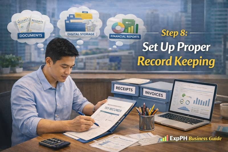 Filipino entrepreneur organizing receipts invoices and financial records while setting up proper business record keeping