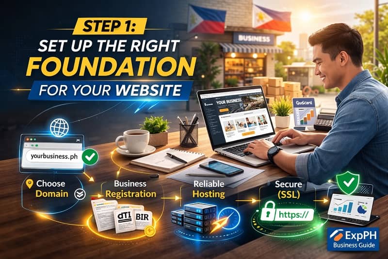 Filipino entrepreneur setting up domain registration and web hosting on a laptop inside a small Philippine business workspace