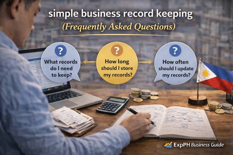 Filipino small business owner practicing simple business record keeping while updating a ledger with laptop, calculator, and receipts in a Philippine office setting with FAQ text overlay