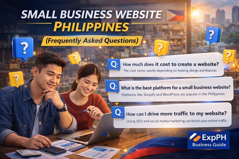 Filipino entrepreneurs reviewing small business website FAQs on a laptop inside a Philippine shop