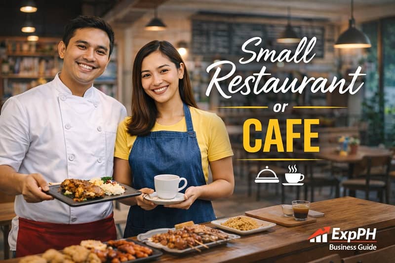 Filipino entrepreneurs operating a small restaurant or cafe serving food and coffee in a modern local dining space