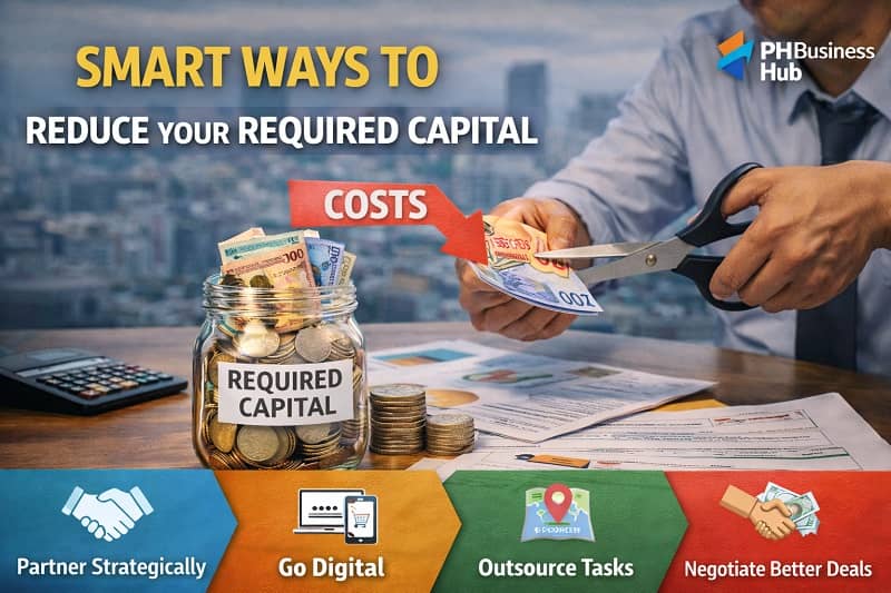 Entrepreneur reducing required business capital in the Philippines by cutting costs with peso savings jar and financial documents