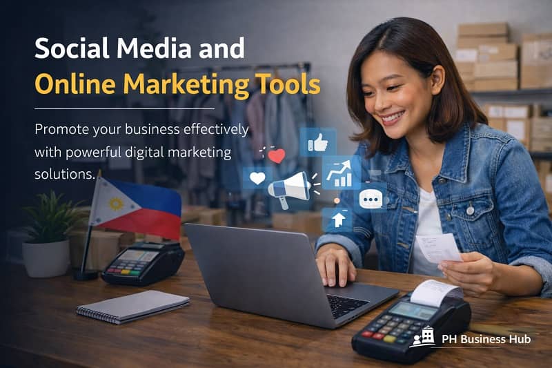 Filipino entrepreneur using laptop and smartphone with social media and online marketing icons in a Philippine business setting