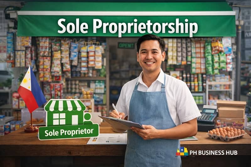 Filipino sole proprietor standing inside a small sari sari store representing a sole proprietorship business in the Philippines.