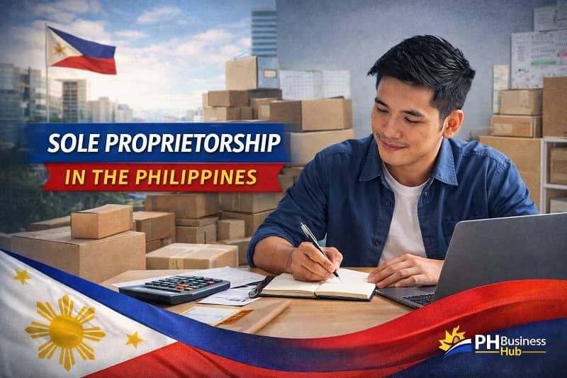 Filipino entrepreneur managing a sole proprietorship in the Philippines while working from a home office with business documents and laptop
