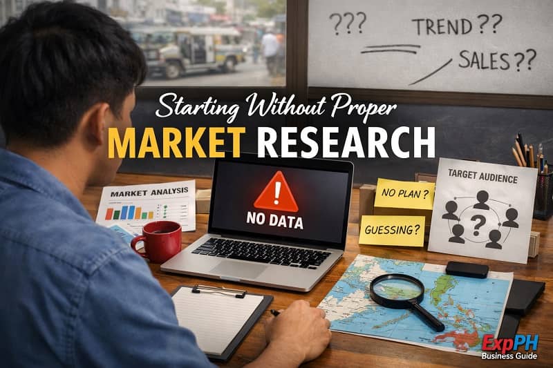 Filipino entrepreneur looking at laptop with no market data while planning a business, representing the mistake of starting a business without proper market research in the Philippines.