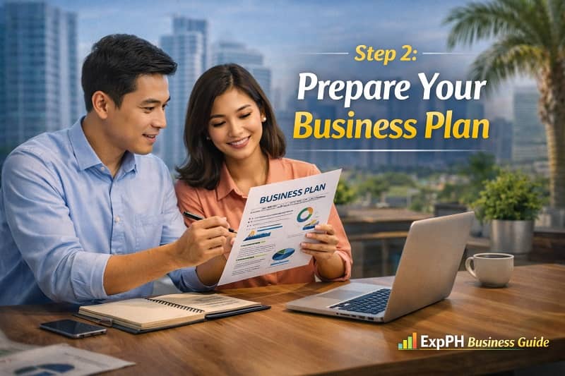 Filipino entrepreneurs reviewing a business plan with charts and financial projections while preparing a startup strategy in a modern Philippine office setting