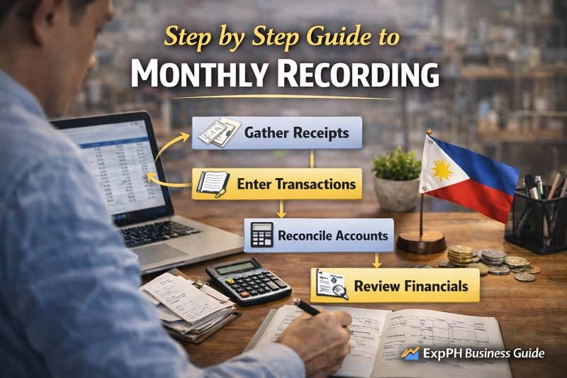 Filipino small business owner reviewing monthly financial records with laptop, calculator, receipts, and ledger in a Philippine office setting