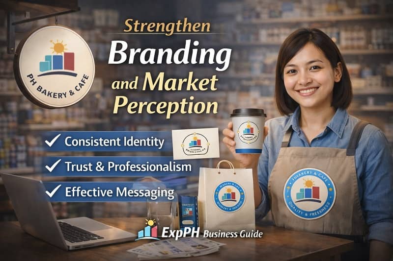 Filipino café owner showcasing branded packaging to strengthen branding and market perception in the Philippine business environment