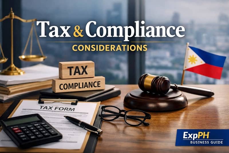 Business desk with tax form, calculator, gavel, and wooden blocks labeled tax and compliance representing Philippine business tax and regulatory compliance