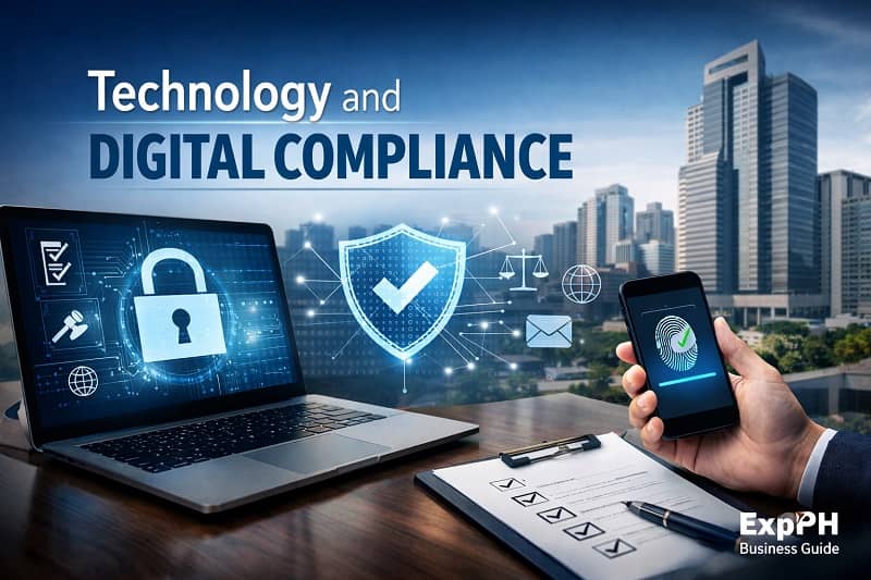 Laptop showing digital security system, smartphone fingerprint verification, and compliance checklist representing technology and digital compliance for Filipino businesses.