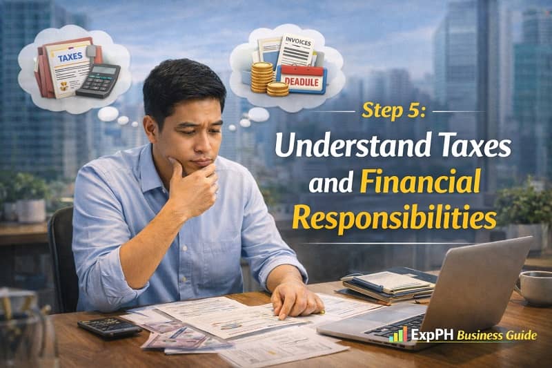 Filipino entrepreneur reviewing tax documents invoices and financial records while managing business taxes and financial responsibilities