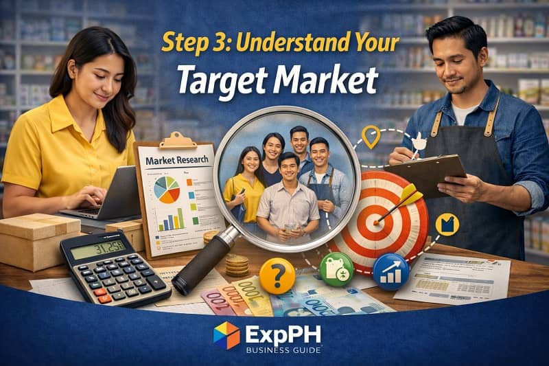 Filipino business owners analyzing target market with customer group data charts and calculator in a Philippine retail setting