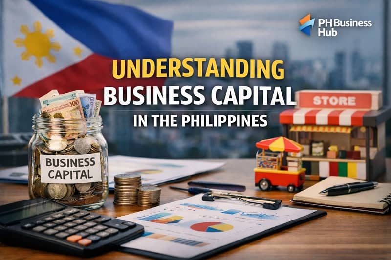Understanding business capital in the Philippines with peso savings jar, calculator, financial charts, and small retail store model