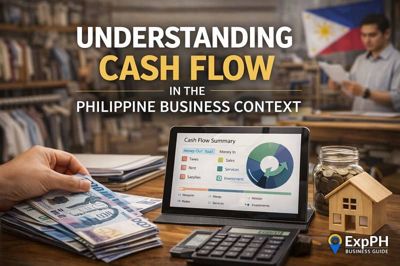 Philippine small business owner reviewing cash flow summary on tablet with peso bills, calculator, and ExpPH Business Guide logo