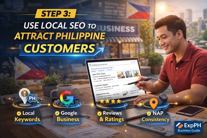 Filipino small business owner analyzing Google search results and local SEO keywords on a laptop inside a Philippine shop