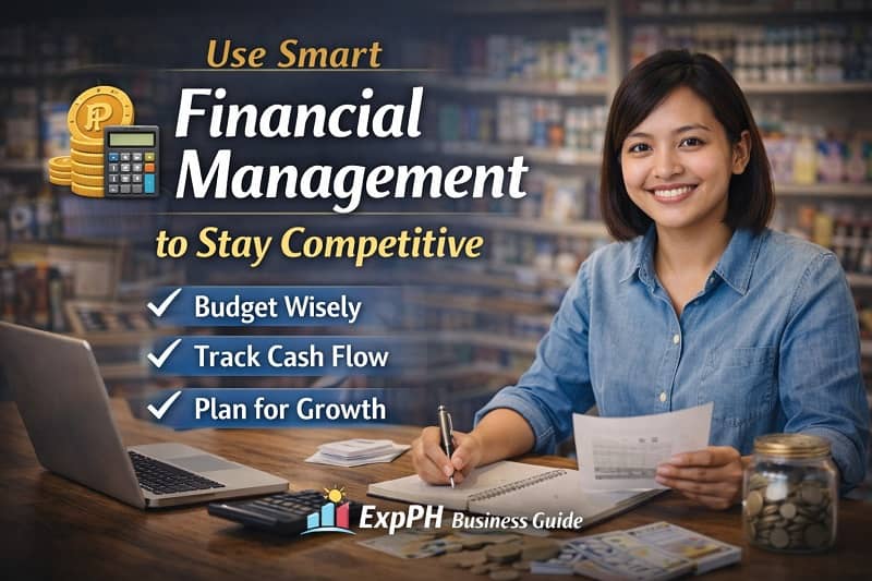 Filipino small business owner reviewing receipts and tracking cash flow to use smart financial management to stay competitive