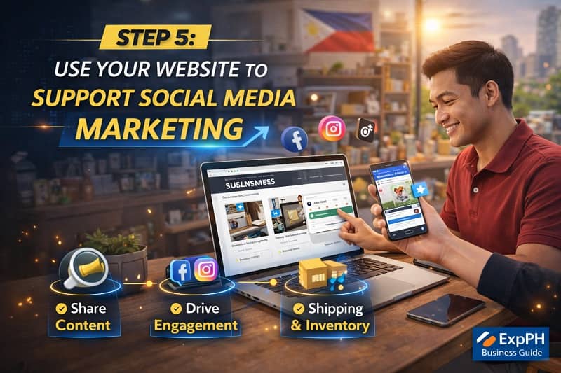 Filipino small business owner sharing website content on Facebook and Instagram using a laptop and smartphone inside a local shop