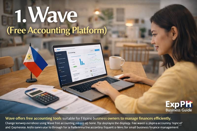 Filipino entrepreneur using Wave free accounting software on a laptop to manage business finances