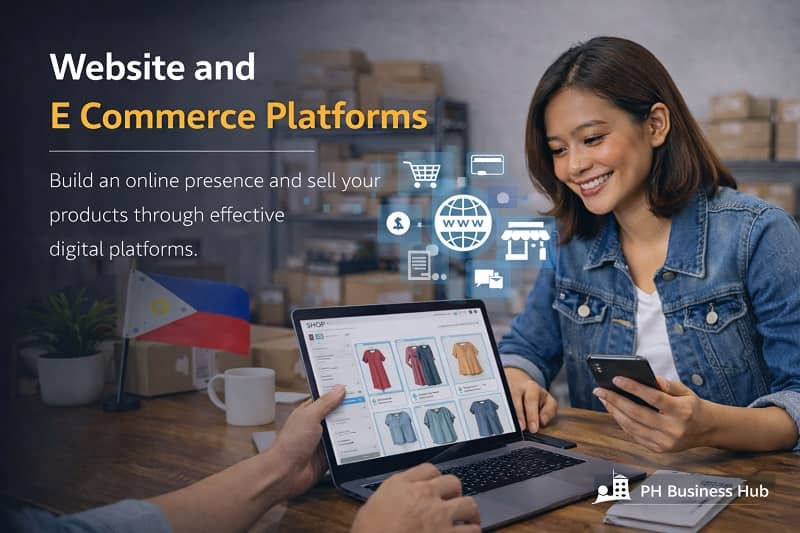Filipino entrepreneur managing online store on laptop and smartphone using website and e commerce platform in a Philippine workspace
