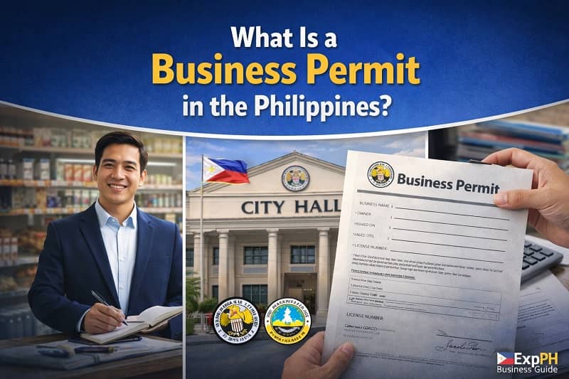 Philippine business permit document shown in front of city hall with entrepreneur and ExpPH Business Guide logo