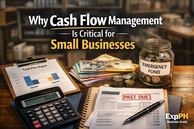 Cash flow management concept for small businesses in the Philippines showing peso bills, calculator, financial report, emergency fund jar, and business documents