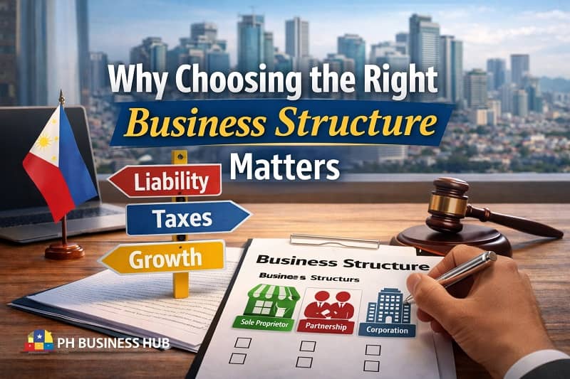 Featured image showing a Philippine office setting with documents, legal gavel, and business charts representing why choosing the right business structure matters.