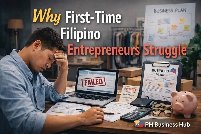 Stressed Filipino entrepreneur reviewing financial documents and failed business notice in small office representing why first-time Filipino entrepreneurs struggle