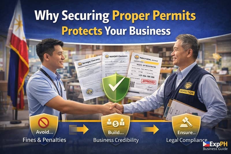 Filipino business owner and city inspector shaking hands with barangay clearance, mayor’s permit, and BIR registration documents displayed, ExpPH Business Guide logo visible