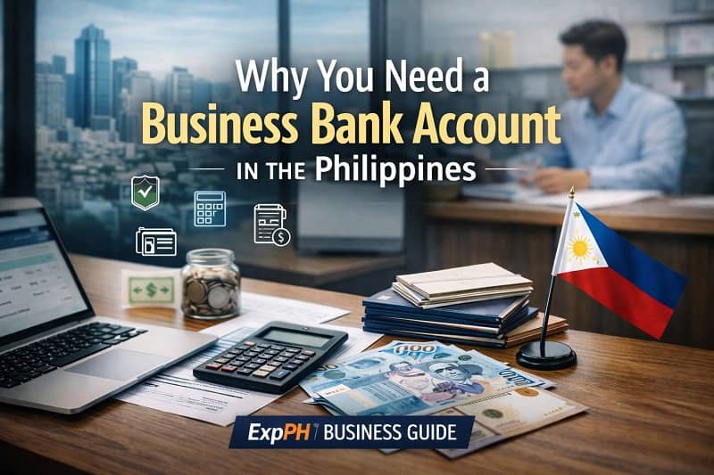 Business Bank Account Philippines office setup with laptop online banking dashboard, calculator, Philippine peso bills, and national flag on desk