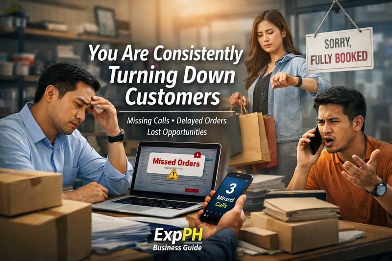 Filipino small business owner overwhelmed with missed calls and unfulfilled orders while customers wait, representing a business turning down customers due to limited capacity