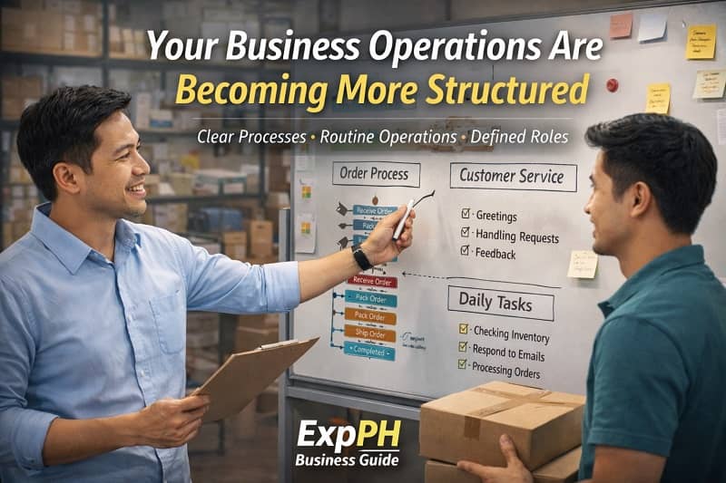 Filipino small business owner organizing workflow charts task lists and customer orders at a desk showing structured business operations and clear processes