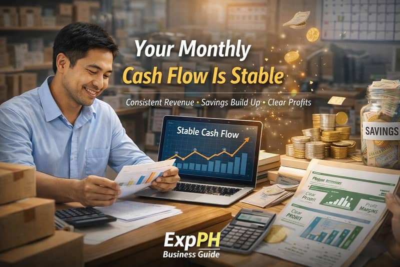 Filipino small business owner reviewing financial reports and cash flow charts at a desk with savings and profit documents, representing stable business cash flow in the Philippines