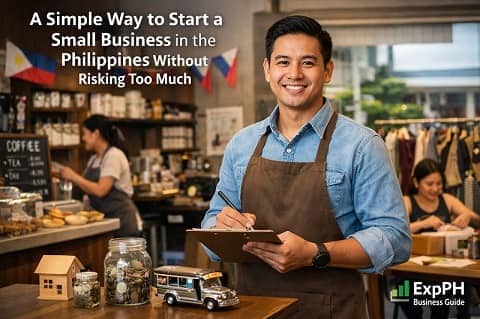 Filipino entrepreneur learning how to start a small business in the Philippines with minimal capital in a local shop setting