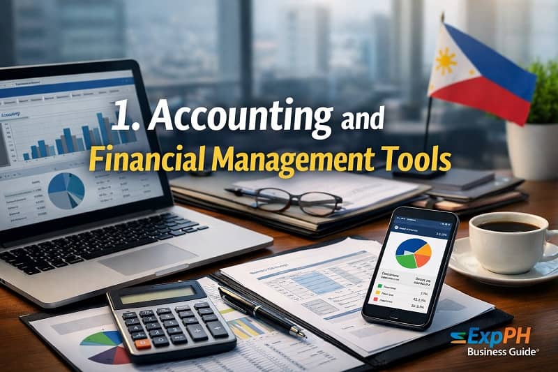 Business team using CRM software on laptop and tablet with sales dashboard and customer data in a modern Philippine office setting