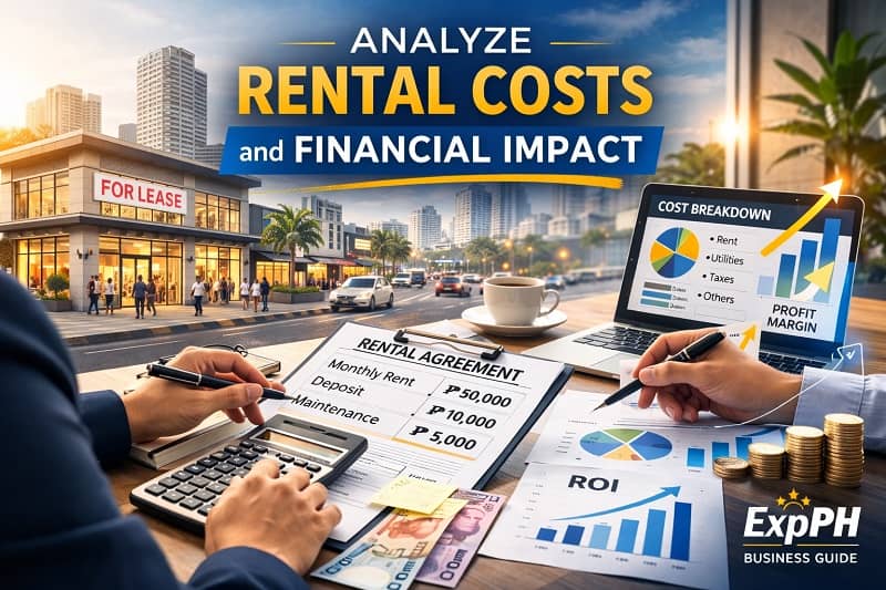 Entrepreneur calculating rental expenses and financial impact while reviewing a commercial lease and storefront for lease in a Philippine business district with ExpPH Business Guide logo.