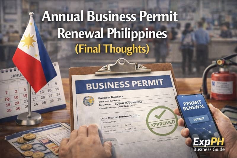 Approved business permit document with Philippine flag and renewal checklist representing final thoughts on annual business permit renewal in the Philippines