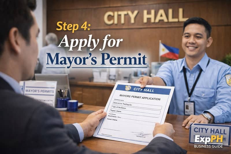 Entrepreneur submitting mayor permit application at city hall office in the Philippines