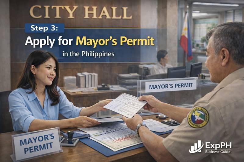 Filipino entrepreneur applying for a mayor’s permit at a city hall business permit office in the Philippines
