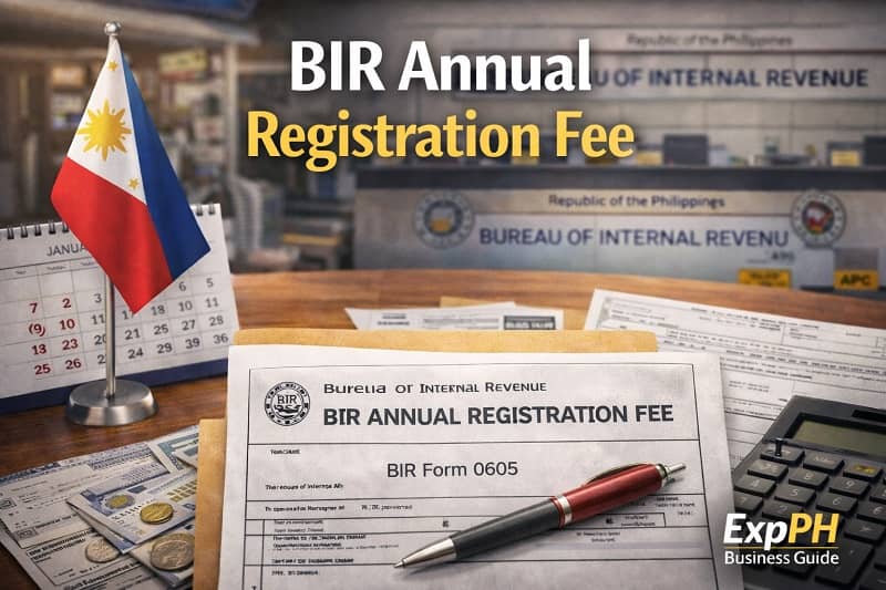 BIR Form 0605 and business documents on a desk representing the BIR Annual Registration Fee required for registered businesses in the Philippines