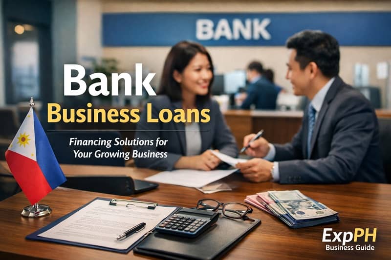 Filipino business owner discussing bank business loan application with a bank officer in a Philippine bank office