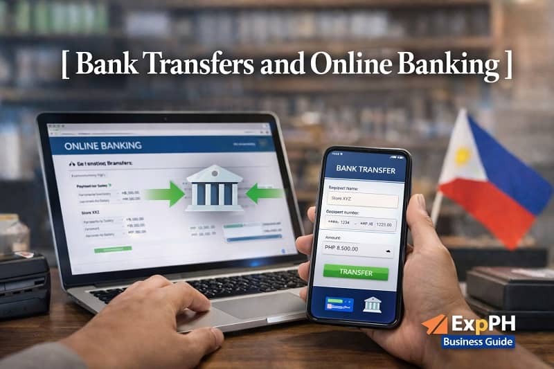 Laptop displaying secure online payment gateway checkout page in a Philippine business setting with ExpPH Business Guide logo