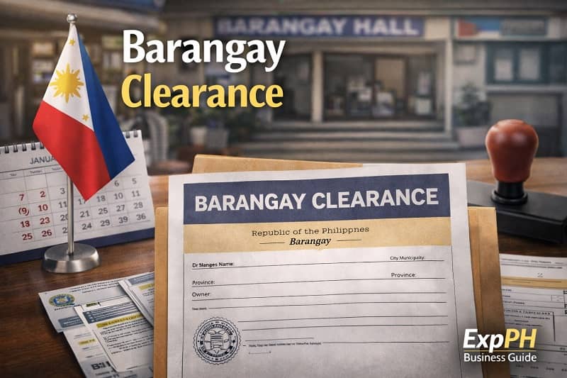 Barangay Clearance document on an office desk with Philippine flag and business papers representing a required clearance for business permit renewal in the Philippines